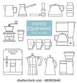 Big set of coffee equipment. Flat thin line icons collection. Background with drip coffee maker, coffee mug, kettle and geyser coffee pot. Decorative elements, backdrop design, modern and clean style