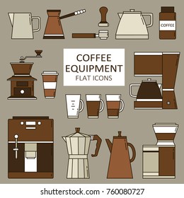 Big set of coffee equipment. Flat thin line icons collection. Background with drip coffee maker, coffee mug, kettle and geyser coffee pot. Decorative elements, backdrop design, modern and clean style