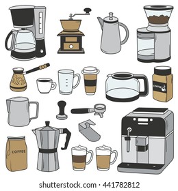 Big set of coffee equipment. Hand drawn icon collection, coffee set. Doodle background with sketch objects. Coffee background 