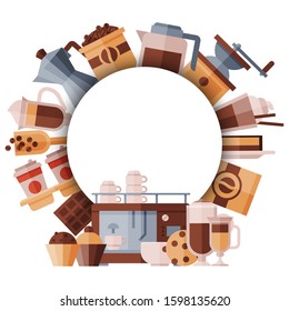 Big set of coffee equipment. Round banner with place for text. Coffee maker, mill, coffee machine and cezve vector illustration.