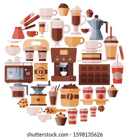 Big set of coffee equipment vector illustration. Coffee maker, mill, coffee machine and cezve. Cappuccino, espresso and mocha drinks to go. Cafe, shop icon set with pastry and bakery