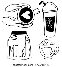 Big set of coffee in hand drawn doodle style. A cup of coffee in hands, a cup of latte, a glass with a straw and a box of milk. Stock vector illustration.