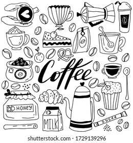 Big set of coffee in hand drawn doodle style. Coffee beans, cup, milk, honey, pastries, coffee maker, sugar. Stock vector illustration.