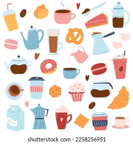 Big set of coffee items as coffee makers, cups, bakery, milk. Hand drawn icons in cartoon flat style.