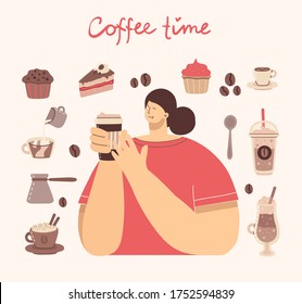 Big set of coffee maker, cup, glass, coffee grinder around the woman with cup of coffee art style on background. Vector modern illustration in flat design.