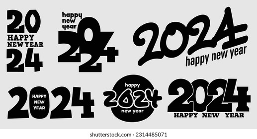 A Big Set Collection of 2024 Happy New Year Typography Vector Logo Design with Hand Drawn Style in Black Color with Grey Background