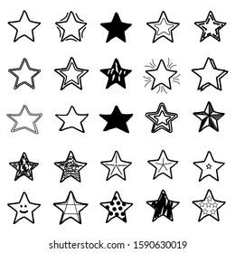 Big set, collection of 25 different hand drawn stars, rough handmade, black doodles isolated on white background EPS Vector