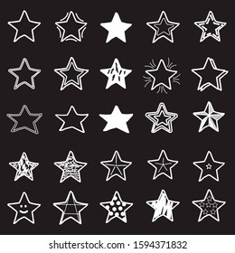 Big set, collection of 25 different hand drawn stars, rough handmade, black doodles EPS Vector