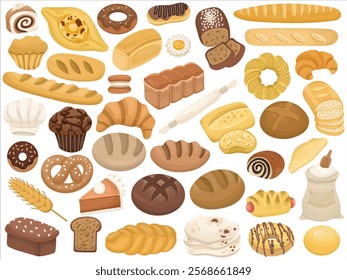 Big set or collection with bread, different pastries and baguette, whole grain bread. Illustration for bakery or confectionery on white background