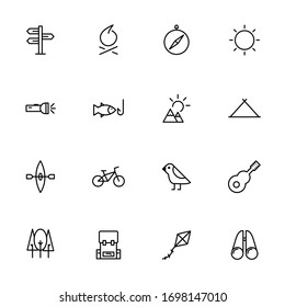 Big set, collection of camping, outdoor icons, outline and thin line icons on white background, such as: fire, compass, sun, mountain, tent EPS Vector