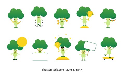 Big set, collection of cartoon broccoli characters doing different activities, sport, fitness, lifting weights, jumping a rope, riding skateboard, holding banners.
