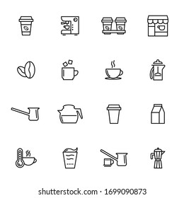 Big set, collection of coffee related, coffee lovers, time for coffee icons, outline and thin line icons on white background, such as: coffee mug, pot EPS Vector