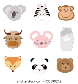 Big set, collection of cute faces of baby animals on white background. Included koala, zebra, monkey, yak, mouse, alpaca, lama, fox, panda and bear.