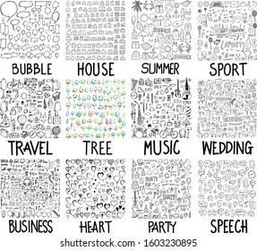 Big set collection of doodle Bubble, House, Summer, Sport, Travel, Tree, Music, Wedding, Business, Heart, Party, Speech