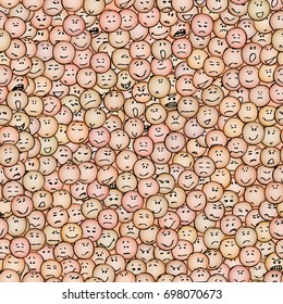 A big set, collection of doodle faces with positive and negative emotions, seamless pattern, colored. Emoticons. Emotional icons. Vector illustration.
