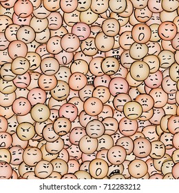 A big set, collection of doodle faces negative emotions, seamless pattern, colored. Emoticons. Emotional icons. Vector illustration