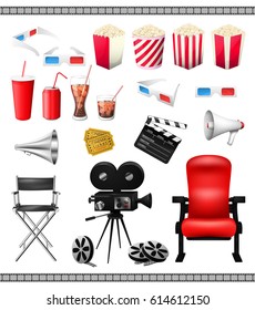 Big set of collection elements of cinema isolated on a white background vector illustration. Composition poster postcard with retro camera director, film, 3D-glasses, when ticket, popcorn, speaker.