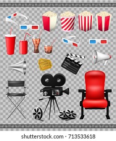 Big set of collection elements of cinema isolated on transparent background vector illustration. Composition poster postcard with retro camera director,3D-glasses, when ticket, popcorn.