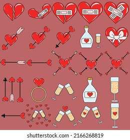 Big set collection of elements with red hearts
