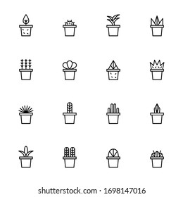 Big Set, Collection Of Floral, Pot Plants Icons, Outline And Thin Line Icons On White Background, Such As: Cactus, Live Plant, Grass EPS Vector