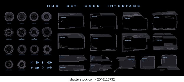 Big Set Collection Of Frames, Dialog Boxes, Scopes And Navigation Elements For The Game Interface. Set Futuristic HUD Frames And Headers, UI UX For HUD User Interface Or Video Game Elements