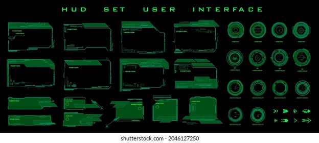 Big set collection green frames, dialog boxes, scopes and navigation elements for the game interface. Set futuristic HUD frames and headers, UI UX for HUD user interface or video game elements