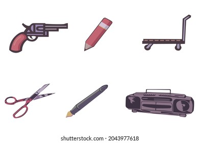 Big set collection of Gun, pencil, wagon, scissors, pen and radio. Vintage design vector Illustration