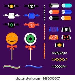 Big set or collection of Halloween candies, liquorice, lollypops and different sweets. Flat vector illustration