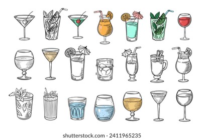 Big set collection of hand drawn different drinks and cocktails. Colorful vector illustration.