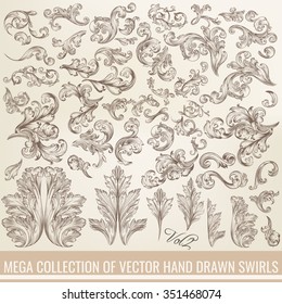 Big set or collection of hand drawn swirls in engraved vintage style for design