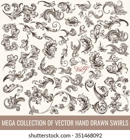 Big set or collection of hand drawn flourishes in engraved vintage style for design