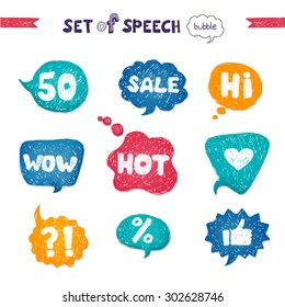 Big Set Collection of hand-drawn speech bubbles text sale, hot, like, love, wow, hi