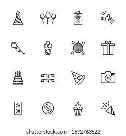 Big set, collection of party, birthday, good time icons, outline and thin line icons on white background, such as: balloons, microphone, cake, music, pizza EPS Vector