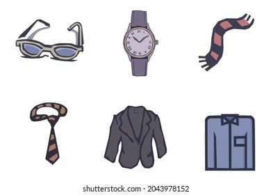 Big set collection of Sunglasses, watch, scarf, tie, Coat and shirt. Vintage design vector Illustration