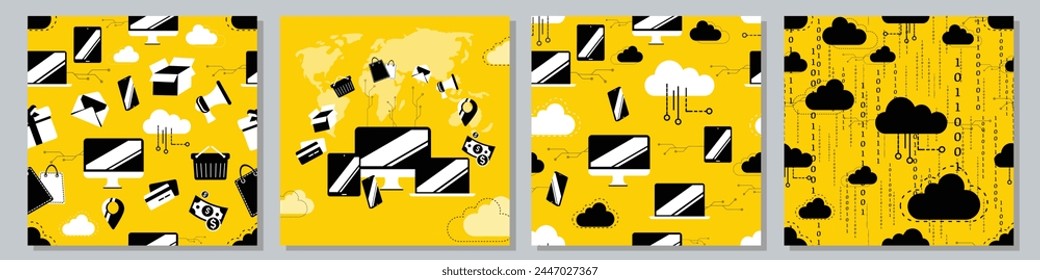 Big Set Collection of Technology Concept Design Element. Data Cloud computing Seamless Pattern and Banner Designs.