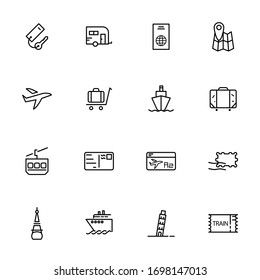 Grosses Set, Sammlung von Reisen, Tourismus, 
verwandte Symbole, Umriss- und Dünnliniensymbole auf weißem Hintergrund, wie: Tastenkombination, Flugzeug, Karte, Zugkarte, Turm-EPS-Vektorillustration