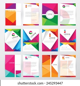 big set collection of trendy geometric triangular design style letterhead and brochure cover template mockups for business visual identity with letter logo elements- polygonal style