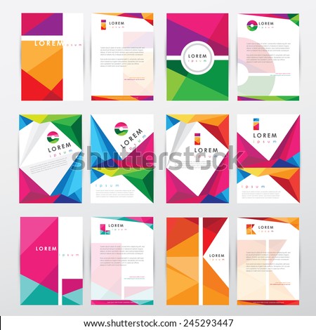 big set collection of trendy geometric triangular design style letterhead and brochure cover template mockups for business visual identity with letter logo elements- polygonal style