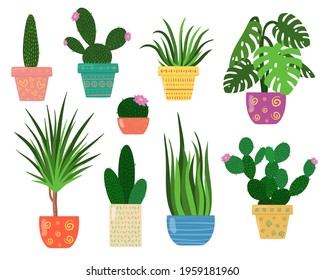 Big set, collection of various houseplants. Flat style and texture, vector illustration isolated on white background.