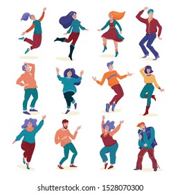 Big set, collection of various people, men and women, slim and chubby dancing and singing happily, flat style vector illustration isolated on white background. Set of dancing people, men and women