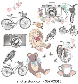 Big set or collection of vector romantic elements for wedding or Valentines design camera toys flowers bicycles and many more