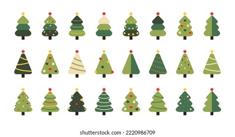 Big set, collection of vintage, retro style decorated christmas tree icons for winter holidays design.
