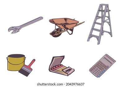 Big set collection of Wrench, Barros, ladder, paint, matches and  calculator. Vintage design vector Illustration