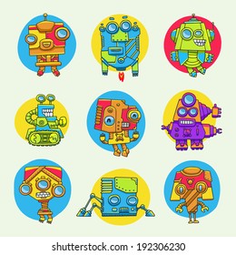 Big set of color funny doodle robots for design