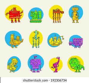 Big set of color funny doodle robots for design