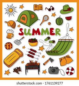 A big set color stickers for summer holidays and vacations in nature. Vector isolated elements in Doodle style on a white background. Design for travel and outdoor relax, for privacy and isolation.