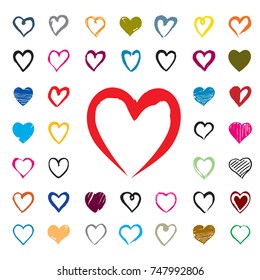 Big set of color, vector hand drawn Hearts. Design elements for Valentine's day. EPS outline graphic design.