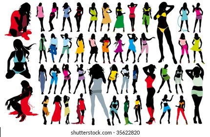 Gran conjunto de coloridas siluetas vectoriales de niñas de moda activa. Niñas jóvenes de 47 Piernas Largas.