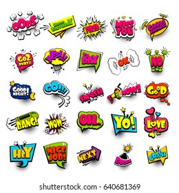 Big set colored comic book text sound effects pop art style bullhorn, megaphone. Collection vector bubble icon speech phrase, cartoon font label, sounds illustration background. Dot halftone balloon.