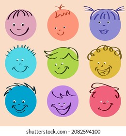 Big set  colored comic faces with various joyful emotions. Drawing hand work style. Flat design. Vector illustration.
